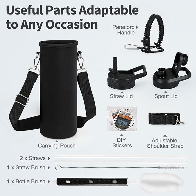 24 oz Insulated Water Bottle with Straw (Cold for 48 Hrs), Stainless Steel Triple Wall Vacuum Sports Water Jug, Leakproof Hydro Cup Flask with Paracord Handle & Straw Spout Lids & DIY Stickers