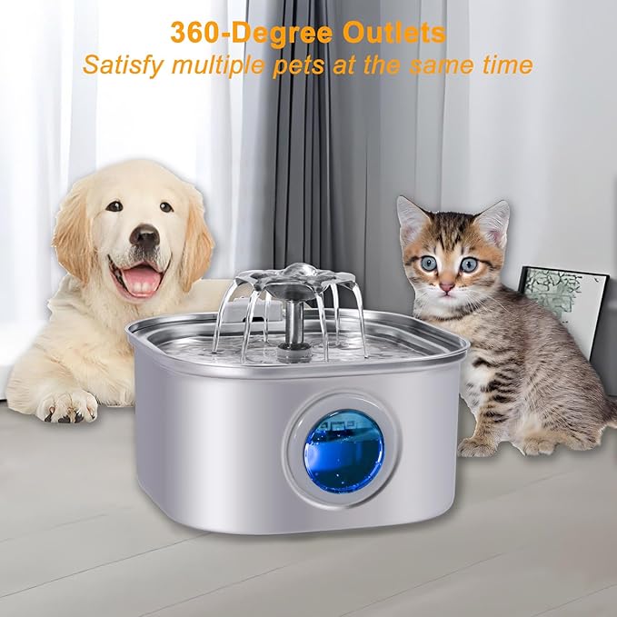 Cat Water Fountain Stainless Steel with 5 Filters & Window-3.2L/108oz Pet Water Fountain for Drinking Indoor-Ultra Quiet Family Auto Cat Dispenser Bowl for Multi-Pet Cats/Dogs