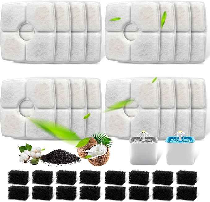 Replacement Filters & Pre-Filter Sponges (16 + 16 Pack) for Veken 84 oz / 2.5L Pet Fountain, Triple Filtration System Filter Set for Cat Water Fountain & Dog Water Dispenser
