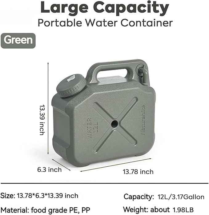Naturehike 3.17 Gallon Portable Water jug, Camping Water Container with Adjustable Spigot, Food Safe Water Tank, No Leakage Emergency Water Carrier for Camping, Hiking(Green, 3.17Gallon)