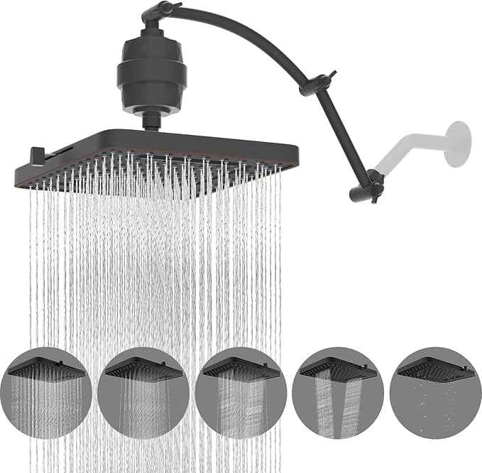 Hibbent Rain Filtered Shower Head, 13'' High Pressure Rainfall 5 Modes Showerhead with 16" Shower Head Extension Arm, Brass Adjustable Shower Arm Extender, 20 Stage Shower Filter, Oil Rubbed Bronze