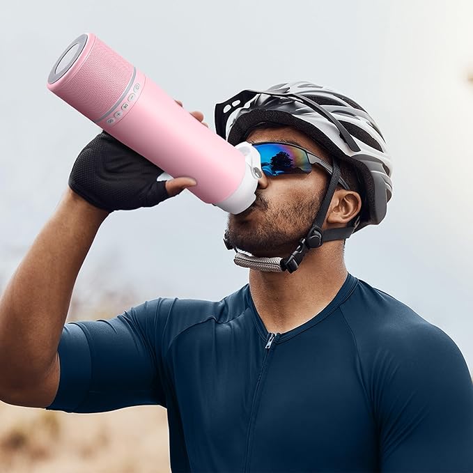 Water Bottle with Portable Bluetooth Speaker - Modular Insulated Water Bottles w/Handle, BT5.3, TWS Pairing Speaker and Stainless Steel Cups for Camping Sports Beach (Pink)