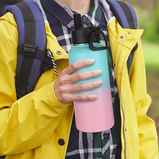 Volhoply 32 oz Water Bottles Bulk 2 Pack with Straw Lid & Spout Lid,Insulated Sports Water Bottle,Double Wall Vacuum Stainless Steel Cups,Leakproof Wide Mouth Metal Flask for Travel(Green Pink,2)
