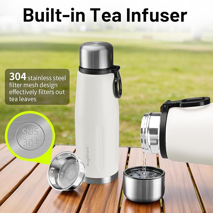 20oz Stainless Steel Insulated Water Bottle Travel Coffee Cup with Lid Leak Proof Metal Water Bottle for Hot and Cold Drink Water Flask (White)