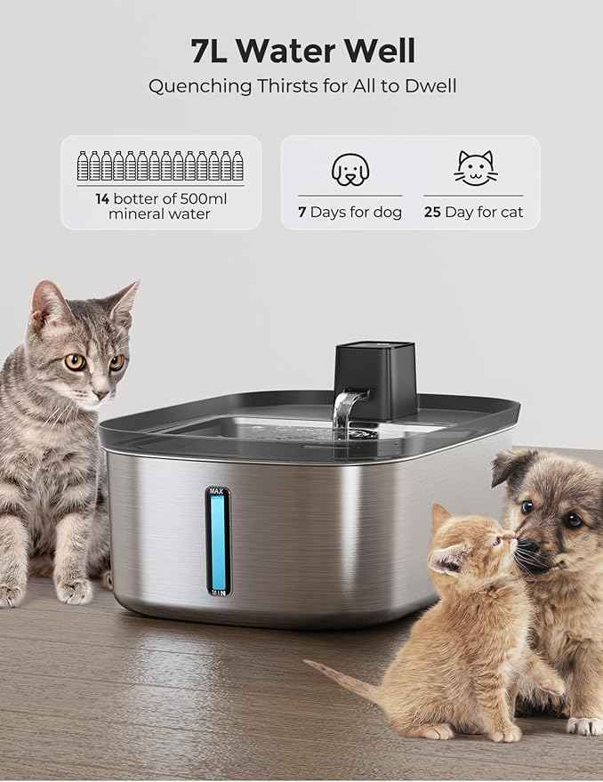 Wireless 7.5l/254oz/2Gal Dog Water Fountain for Large Dogs Stainless Steel, Quiet Pet & Cat Water Fountain with Motion Sensor, Automatic Water Dispenser for Dogs&Multi-Pet Homes with 6psc Filter