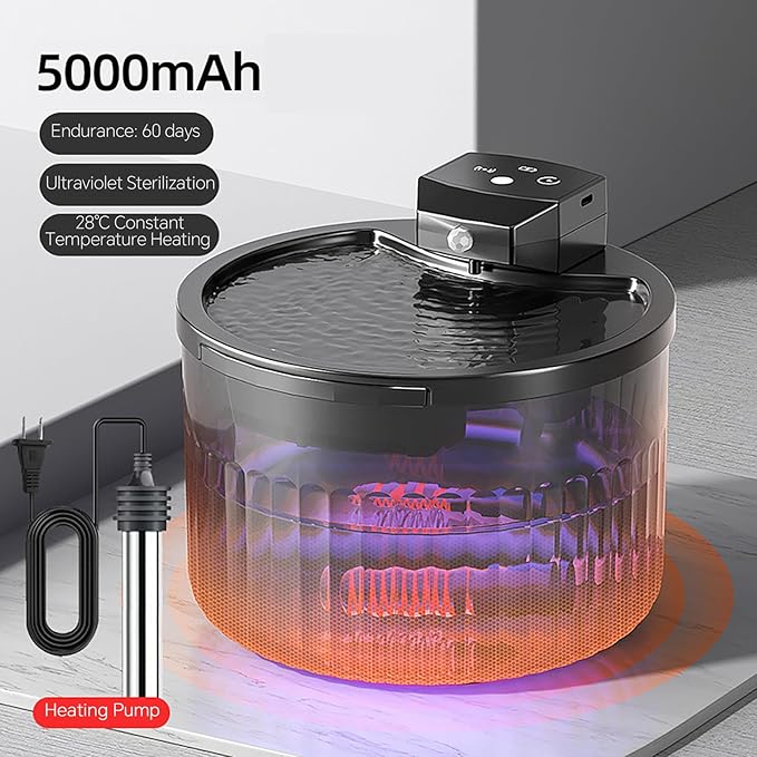 Cordless Ceramic Cat Water Fountain Constant 30°: 101.45oz/3L Automatic Super Silent Intelligent Sensor Pet Drinking Dispenser with 5000mAh Battery Dog Water Bowl Dispenser(Black 30°UVC)