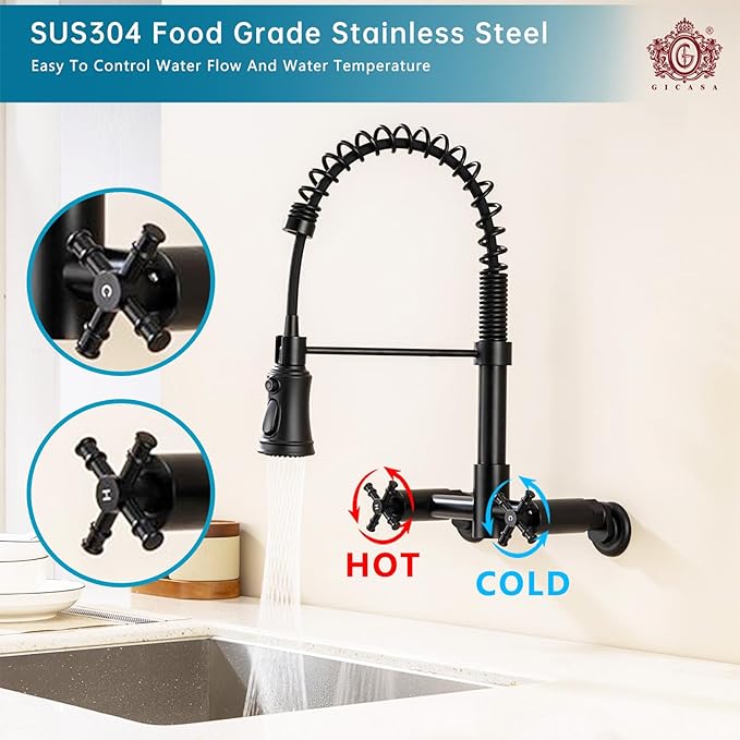 Wall Mount Kitchen Faucet, 8 Inch Center Wall Mount Faucet with Pull Down Sprayer, Commercial Spring Wall Faucet for Kitchen Sink, 3 Functions, Dual Handle, 304 Stainless Steel, Matte Black