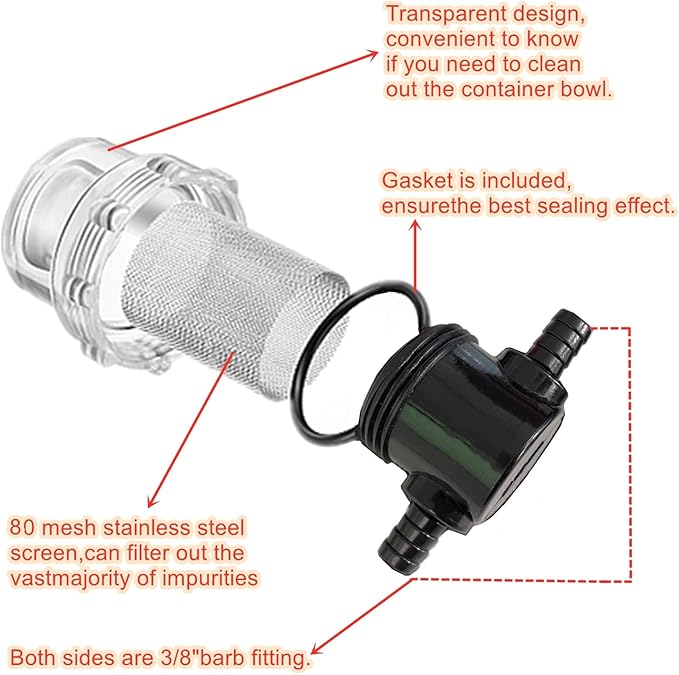 1/2 Inches Water Pump Strainer, RV Water Pump Filter Compatible with 3/8 Inches Hose Barb In-Line Strainer Twist-On Pipe Sprayer for 12V DC 80 PSI Camper Marine Boat Lawn, 80 Mesh Filter 2PC