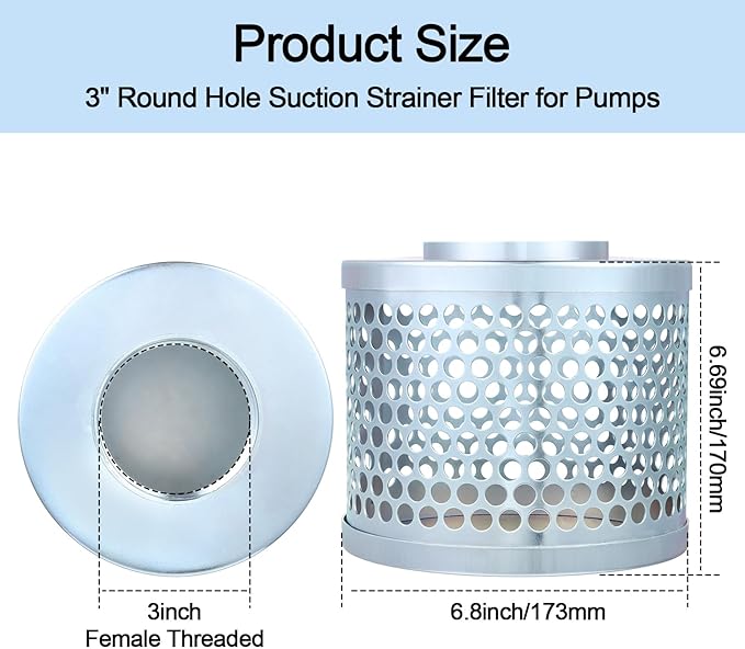 Round Hole Suction Strainer Filter for Pumps, Carbon Plated Steel Basket Water Suction Filter, with NPT Female Thread, Reduces Solids Entering Pump (3 inch)