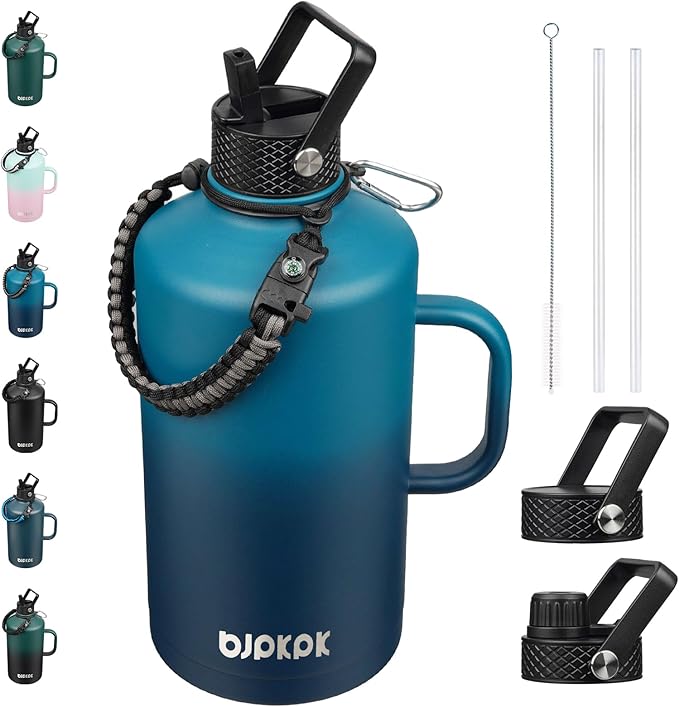 BJPKPK 1 Gallon Water Bottle Insulated with Straw Lid, 128oz Large, Stainless Steel Water Bottles with 3 Lids and Paracord Strap, Double Wall Vacuum Metal Water Jug,Vast