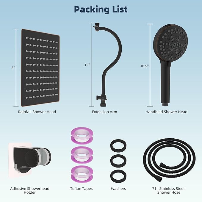 Hibbent All Metal Shower Head, 8'' High Pressure Rainfall Shower Head/Handheld Showerhead Combo with 12'' Adjustable Curved Shower Extension Arm, 10-Spray, 71'' Hose, Shower Holder, Oil Rubbed Bronze
