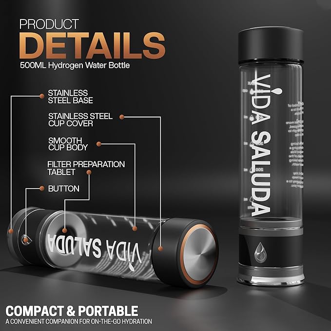 Hydrogen Water Bottle Generator 500ml Portable SPE PEM Hydrogen Rich Water Maker with Titanium Platinum Plates Fast Rechargeable Ionized Water Bottle for Home Travel Gym Hydration - Black
