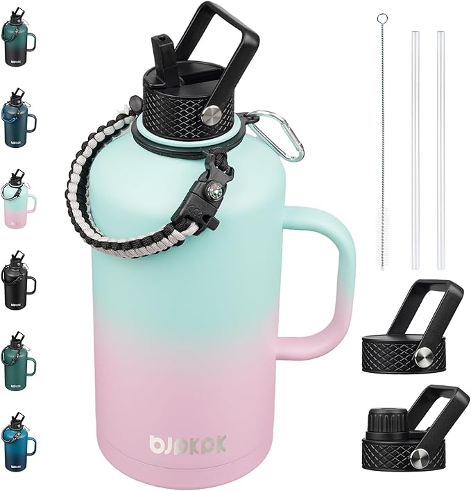 BJPKPK 2/3 Gallon Water Bottle Insulated with Straw Lid, 87oz Large, Stainless Steel Water Bottles with 3 Lids and Paracord Strap, Double Wall Vacuum Metal Water Jug,Marshmallow