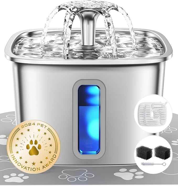 Veken Innovation Award Winner Stainless Steel Cat Water Fountain, 108oz/3.2L Automatic Pet Fountain Dog Water Dispenser with 2 PP Housing Replacement Filters & Silicone Mat for Cats, Dogs (Silver)