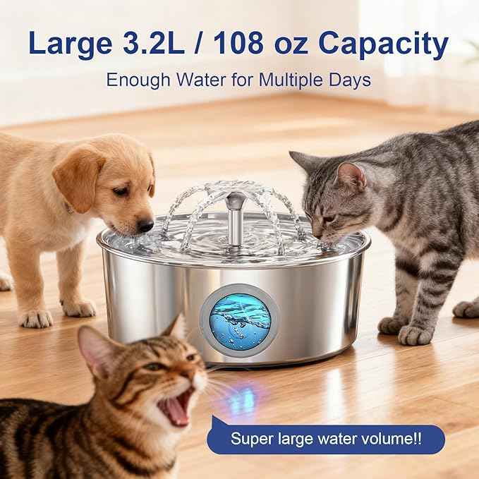 LucidShine 108oz/3.2L Stainless Steel Cat Water Fountain with 4 Replacement Filters(Up to 4-Month Supply, Ultra Quiet Automatic Pet Water Dispenser, Dishwasher Safe Metal Bowl for Cats & Dogs