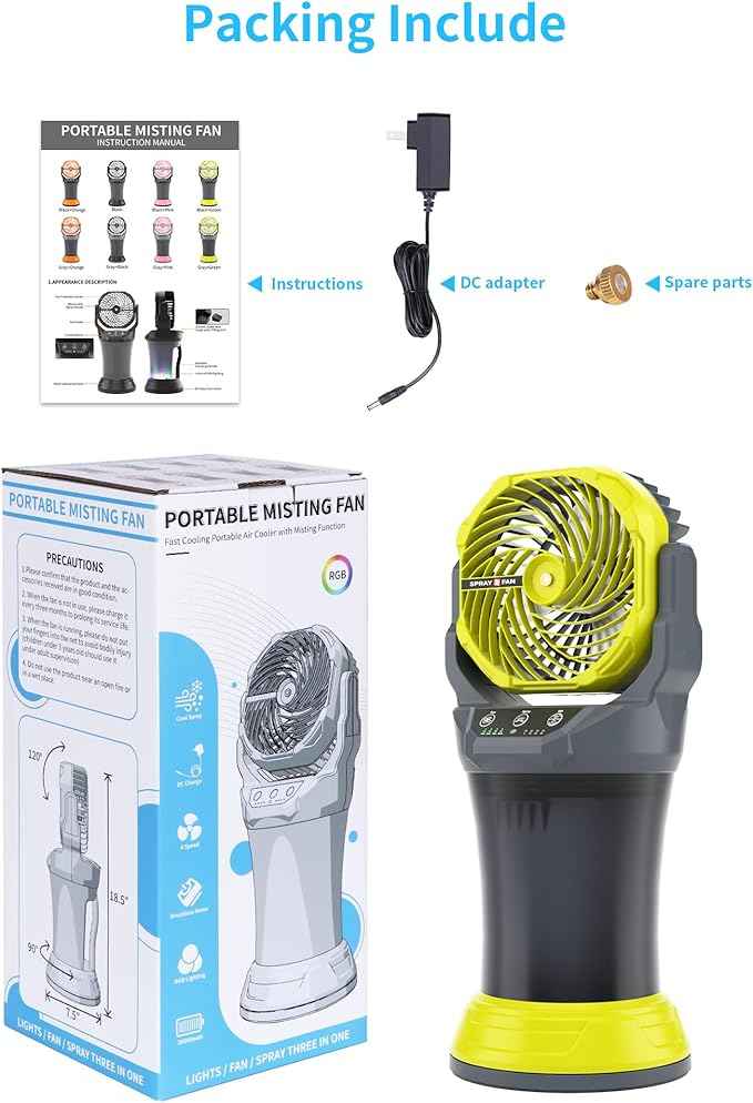 AVV Portable Misting Fan with RGB Ambient Light -2L Water Tank, 4 Speeds & Spray Mist Fan, 30000mAh Rechargeable Misting Fans for Outdoor/Indoor Fans for Camping, Patio, Garden, Grey-Green