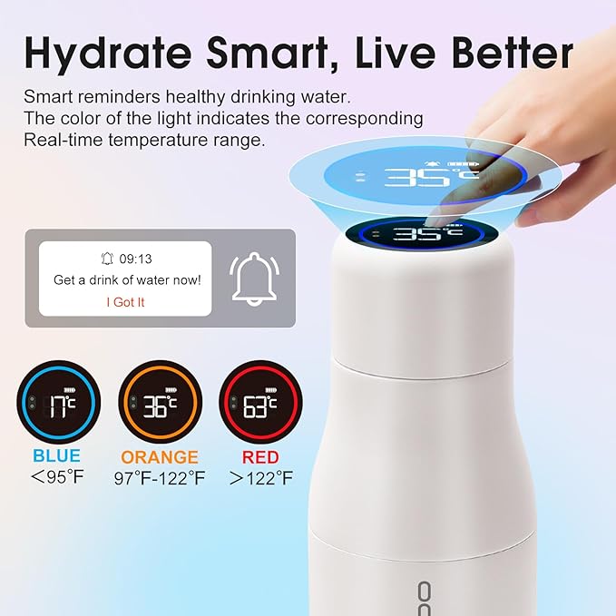Vsitoo Self Cleaning Water Bottle - 15oz Stainless Steel, AI Self-Clean, 30-Day Battery, Magnetic Charging, BPA-Free for Travel/Gym/Office, No App Needed, White