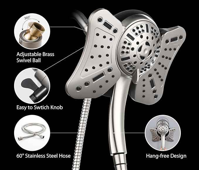 GRICH 2.5GPM Shower Head with Handheld Spray Combo: 2 in 1 Rainfall Shower Heads high pressure & Handheld Shower Head, 9 Spray Modes/Settings Detachable Shower Head with 60 Inch Hose, Nickel