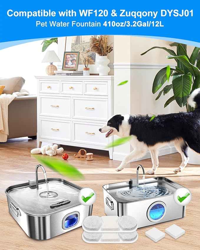 6 PCS Dog Water Filters Replacement Fit for WF120 410oz/3.2Gal/12L & Fit for Zuqqony DYSJ01 Pet Water Fountain, Filter & Sponges for Multi-Pet Homes