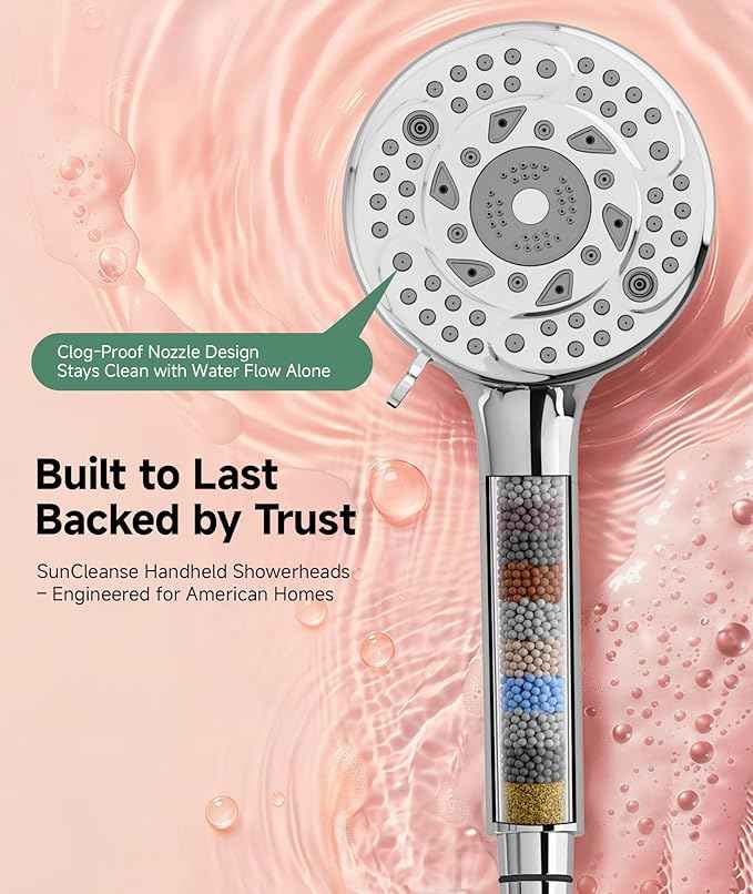 SunCleanse Filtered Shower Head with Handheld,9-Spray Setting High Pressure Detachable Shower Head with 4 Filters for Hard Water - Filter Chlorine, Improve Skin and Hair Texture(4 Filters, Chrome)