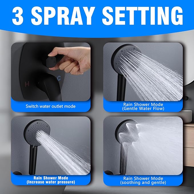 Shower System, Wall Mounted Shower Faucet Set with Filter, High Pressure Rain Shower Head with Handheld Spray Combo with Filter for Hard Water, Matte Black Rectangular Valve