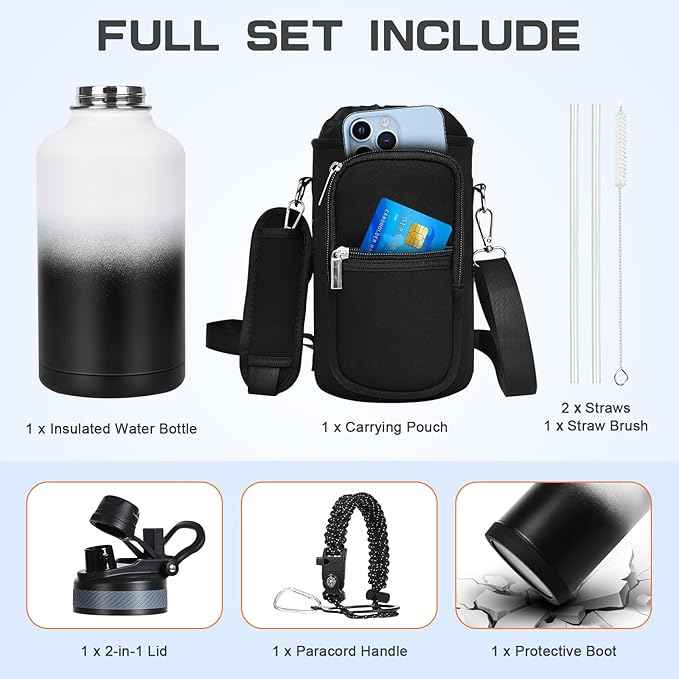 Insulated Water Bottle 64 oz, Half Gallon Water Jug Cold 48H, BPA Free Stainless Steel Bottles with Straw/Chug 2-in-1 Lid, Bag, Paracord Handle, Silicone Boot, Sports Gym School Metal Flask