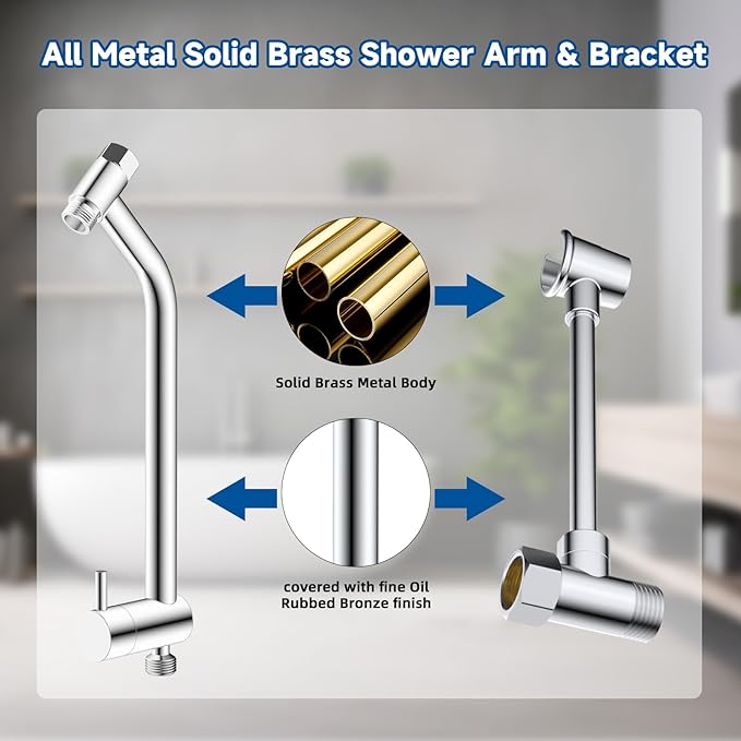 All Metal Dual Shower Head Easy Reach, High Pressure 10-Spray Handheld & Rainfall Shower Head Combo with Shower Extension Arm, 71" Hose, 3-way Diverter, Brass Shower Bracket, Chrome