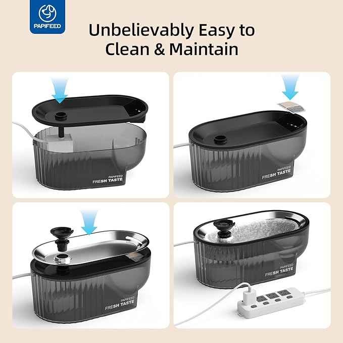 Cat Water Fountain Stainless Steel with a Silicone Mat, 84oz/2.5L Automatic Cat Water Fountain with Water Level Window and LED Light, Quiet Low Power Cat Water Bowl & Cat Water Dispenser(Black)