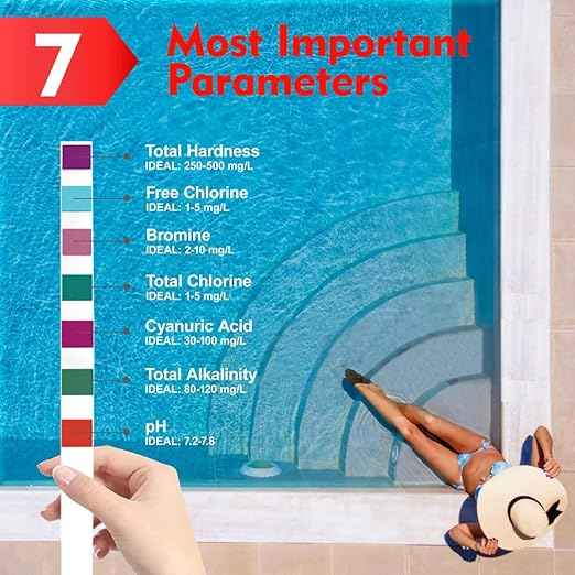 Pool Test Strips 7 Way, 125 Quick Swimming Pool Test Strips, Reliable Hot Tub Spa Water Testing Kit for Bromine, Total Alkalinity, pH, Free Chlorine, Total Hardness, Cyanuric Acid, and Total Chlorine