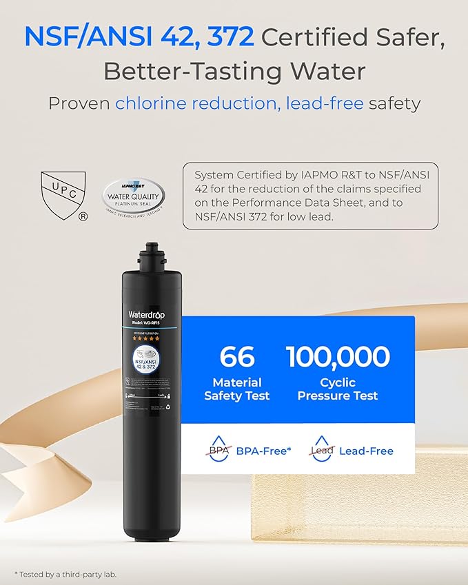 Waterdrop RF15 Replacement Filter Cartridge for 15UA/15UB/15UC Under Sink Water Filter, Reduces PFOA/PFOS, PFAS, Lead, Chlorine, Bad Taste & Odor, NSF/ANSI 42 Certified, 19K Gallons High Capacity
