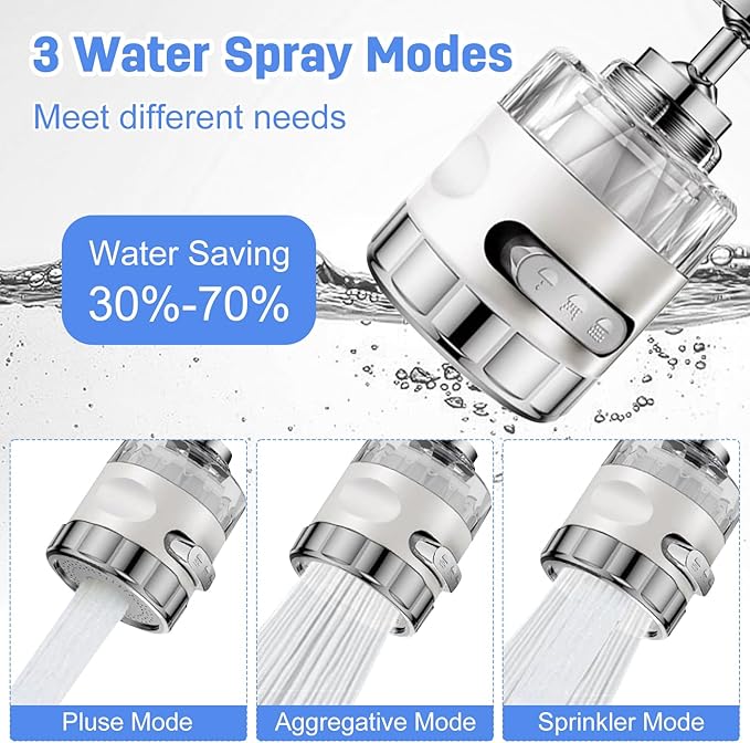 2 Pack Sink Water Filter Faucet, Universal 360 ° Rotating Faucet Filter for Kitchen Sink, 3 Modes Bathroom Faucet Filter Removes Chlorine Fluoride Heavy Metals Hard Water for Home Kitchen & Bathroom