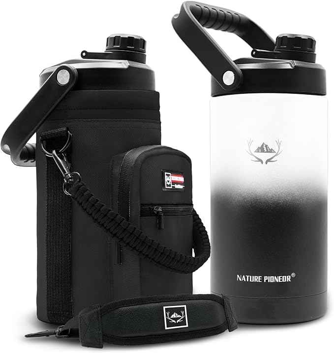 NATURE PIONEOR 64 oz Insulated Water Bottle - Double Vacuum Stainless Steel Half Gallon Water Jug with Holder/Carrier, Wide Mouth, Outdoor Sports, Hiking, Camping, Gym