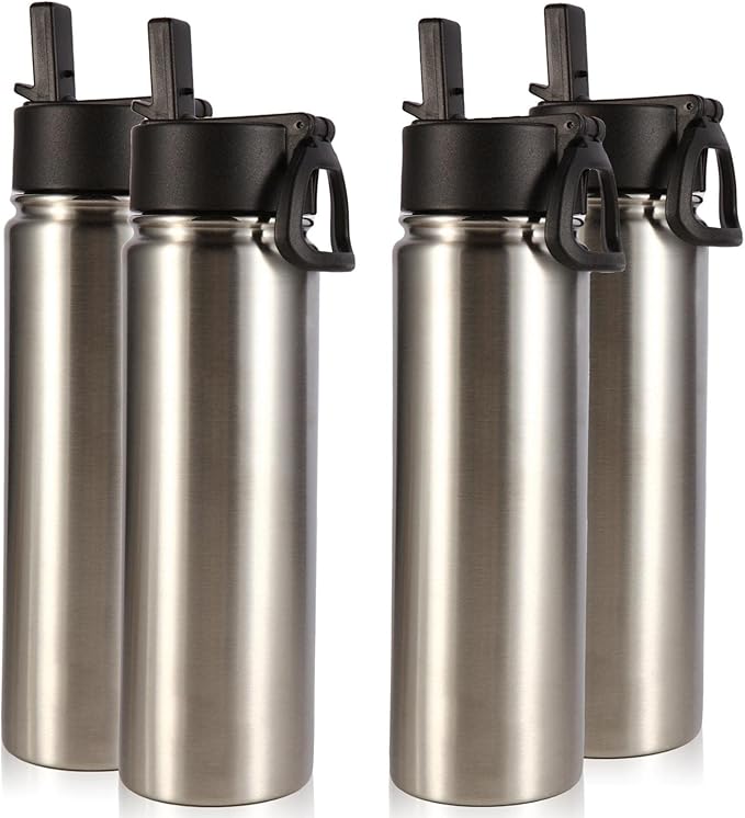 Volhoply Insulated Water Bottles with Straw Bulk 4 Pack, 22 oz Stainless Steel Sports Bottle with Handle Lid, Double Walled Vacuum Travel Water Cups with Wide Mouth for School Hiking(Silver,4 Set)
