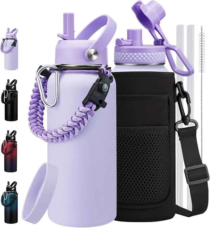 32 oz Insulated Water Bottle with Straw & Auto Spout Lid, Bottle Sleeve with Strap, Paracord Handle, 32oz Flask Purple Metal Water Canteen, Stainless Steel Water Jug for Sports Gym Woman Girls