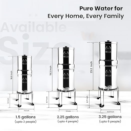 Gravity Water Filter System - 1.5 Gallons NSF/ANSI 42 & 372 Certified | AISI 304 Stainless Steel Water Filter with 2 Smart (Black) Carbon Filter Elements & Free Stainless Steel Stand and Spigot (1.5G)