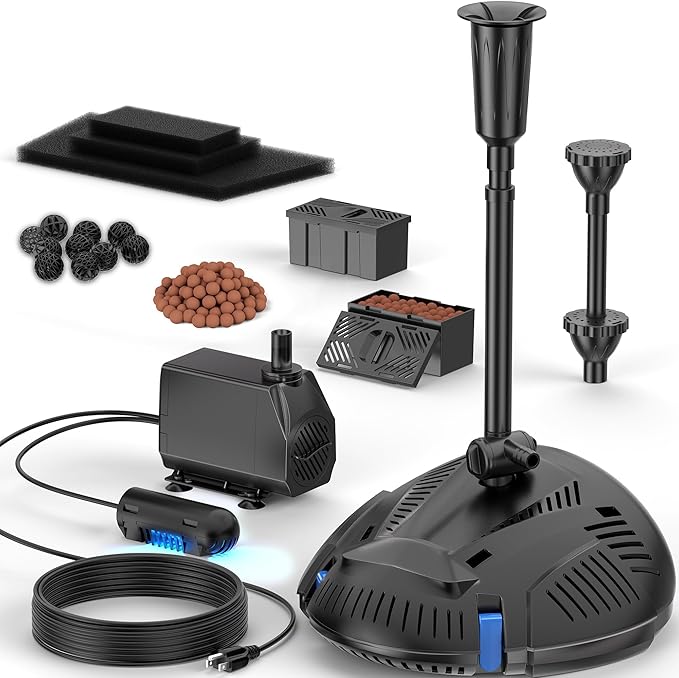 NFESOLAR Pond Filter with Pond Pump Fountain, All-in-one 660 GPH Pond Filter Fountain Kit with 3-Layer Filtration, UV Clarifier for Outdoor Ponds up to 2000 Gallon N2300