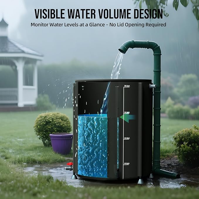 Collapsible Rain Barrel Water Collection System - 53 Gallon Portable Water Storage Tank,Foldable Rainwater Collect System Downspout, Water Catcher Container with Filter, Spigots＆Overflow Kit,Black
