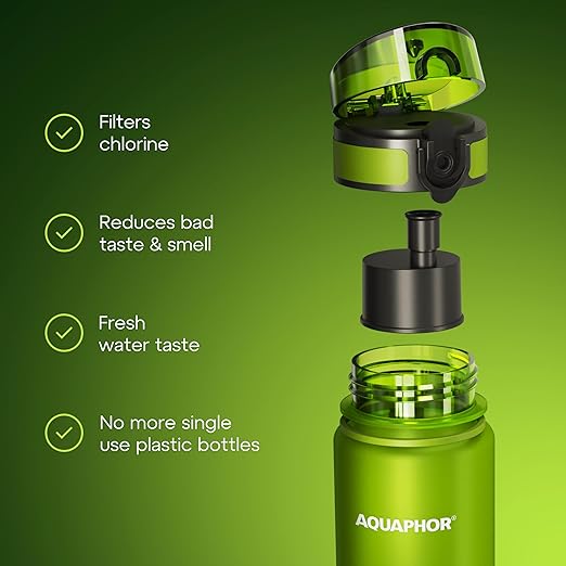 AQUAPHOR City Filtered Water Bottle in Tritan BPA-free - Portable with Integrated Water Purifying Filter 500 ml - Green