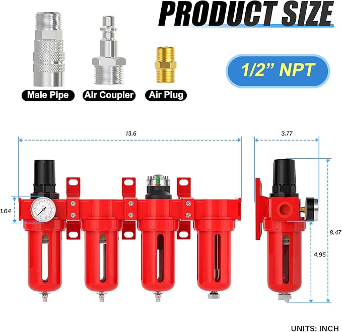 1/2" NPT Industrial Grade 4 Stage Aluminum Air Drying System, Coalescing Filter, Double Particulate Filter, Desiccant Dryer and Air Regulator,Manual Drain For Plasma Cutter and Paint Spray - AquaVibe