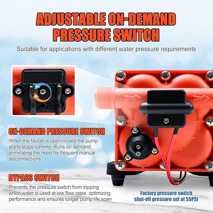 RV Water Pump 3.5 GPM 55 PSI 12V On Demand Diaphragm Pump with Bypass for Reduced Cycling, Quiet Camper Self-Priming Water Pump For RV,Camper,Travel Trailer,Boat,Replacement for 4008-101-A65