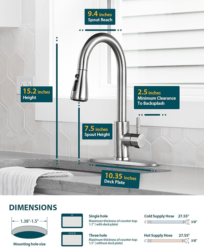 Kitchen Sink Faucet with Pull Down Sprayer with Deck Plate, Brushed Nickel High ArcFaucet, Stainless Steel Modern RV Bar Sink Faucets for Pot Filler, Farmhouse Camper Bar Laundry Room