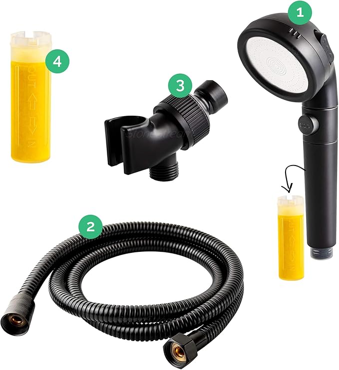 Original StoneStream® EcoPower Shower Head System — Spa Like Ionic Vitamin C Filter to Soften Water, Increase Pressure & Save Water — Showerhead + 4-in-1 Wall Adapter Kit — Matte Black