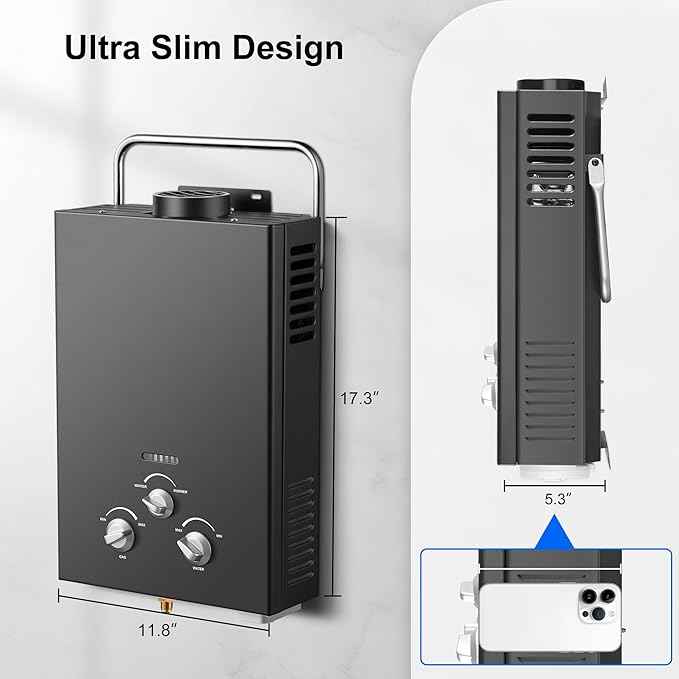 Outdoor Tankless Propane Water Heater 1.58GPM 6L Portable Gas Water Heater with Handle & Overheating Protection, Instant Hot Water for Camping RV Cabin Boat Barn - Black