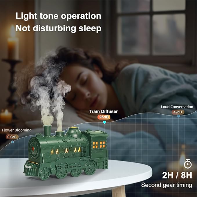 Train Diffuser 300ml, Aromatherapy Cool Mist Ultrasonic Aroma Train Diffuser with Remote Control 2 Light 2 Mist Mode Auto Shut-Off for Bedroom Office Hotel (Green)