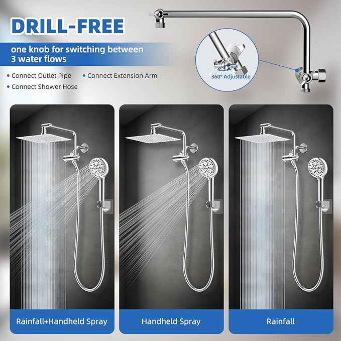 All Metal Shower Head, 10" High Pressure Rainfall/Handheld Shower Combo with 11" Extension Arm, 10-Spray Handheld Showerhead, 71" Long Hose, 3-Way Diverter Valve, Chrome