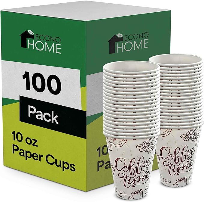 EconoHome 10 oz 100 Pack Disposable Coffee Paper Cups - Paper Cups for Hot and Cold Drinks, Tea, Water, and Juice
