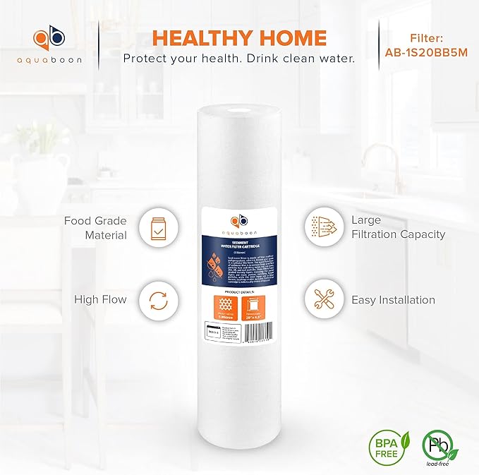 Aquaboon 1 Micron 20" Sediment Water Filter Replacement Cartridge | Whole House Sediment Filtration | Compatible with AP810-2, SDC-45-2005, FPMB5-20, P5-20, FP25B, 155358-43, 10 Pack