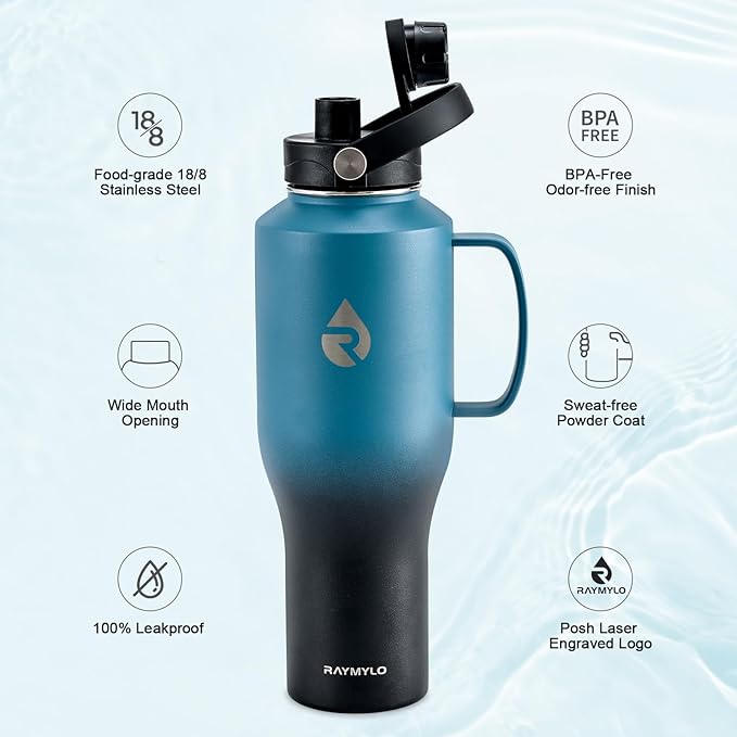 Insulated Water Bottle 40oz (Cold for 48 Hrs), Stainless Steel Water Bottle with Handle & Straw Lid & Paracord Handle, Triple Wall Vacuum Leakproof Travel Flask, Fit in Any Car Cup Holder