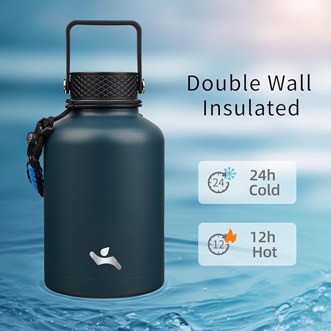 Insulated Water Bottle with Straw,50 oz 3 Lids Water Jug with Carrying Bag,Paracord Handle,Double Wall Vacuum Stainless Steel Metal Flask,Navy Blue
