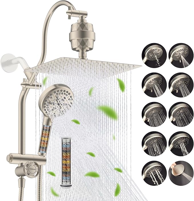Hibbent Dual Filter All Metal 12" Rainfall Showerhead Combo, High Pressure Filter Shower Head with 10-Spray Mode Handheld, 4-way Diverter with Pause Mode, 71'' Shower Hose and Holder, Brushed Nickel
